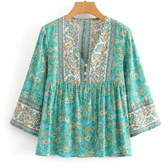 Boho Gypsy Floral Print Neck Tie Blouse - Picture 5 of 16